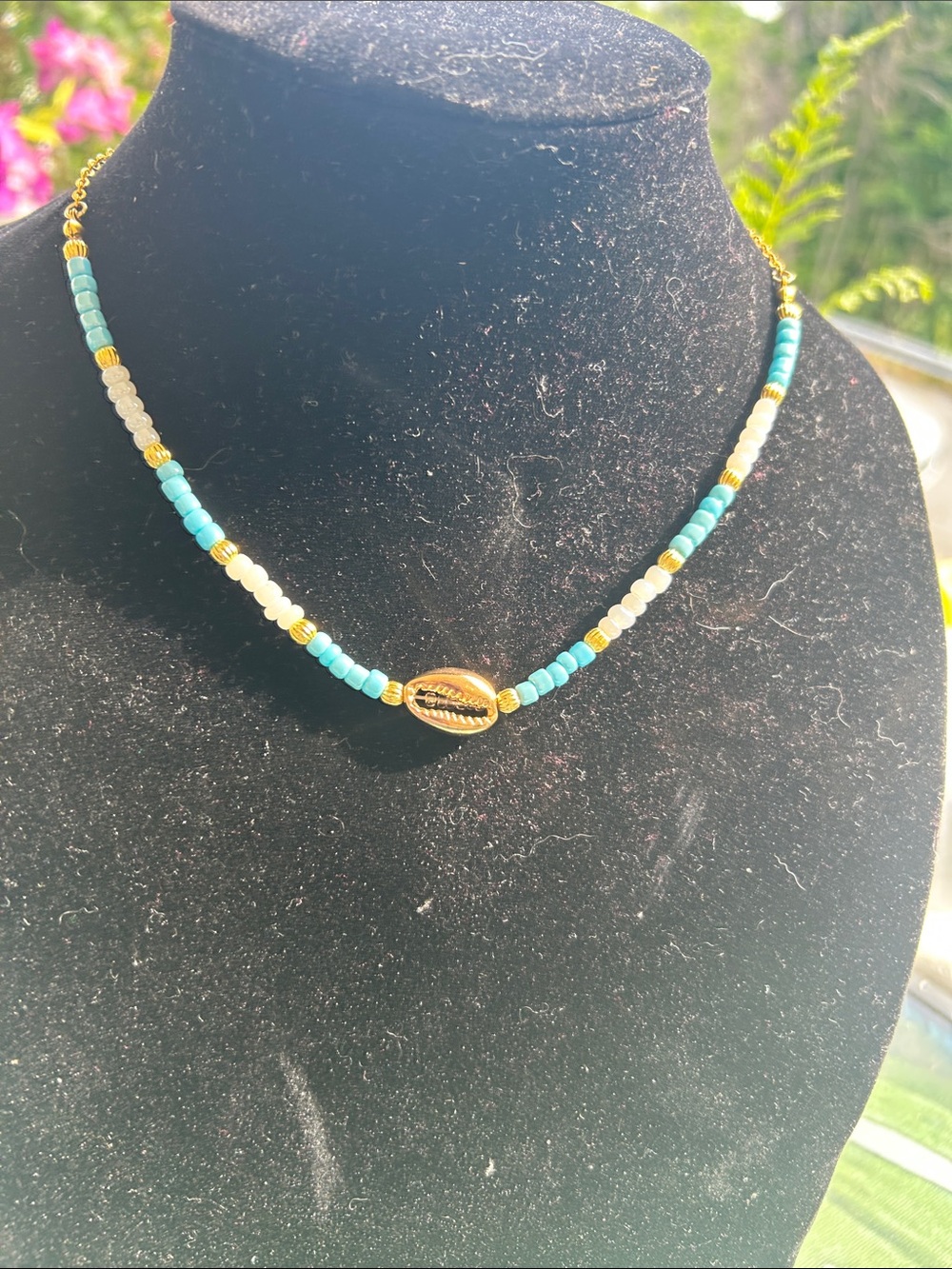 Gold Cowrie Beaded Necklace - Turquoise & White